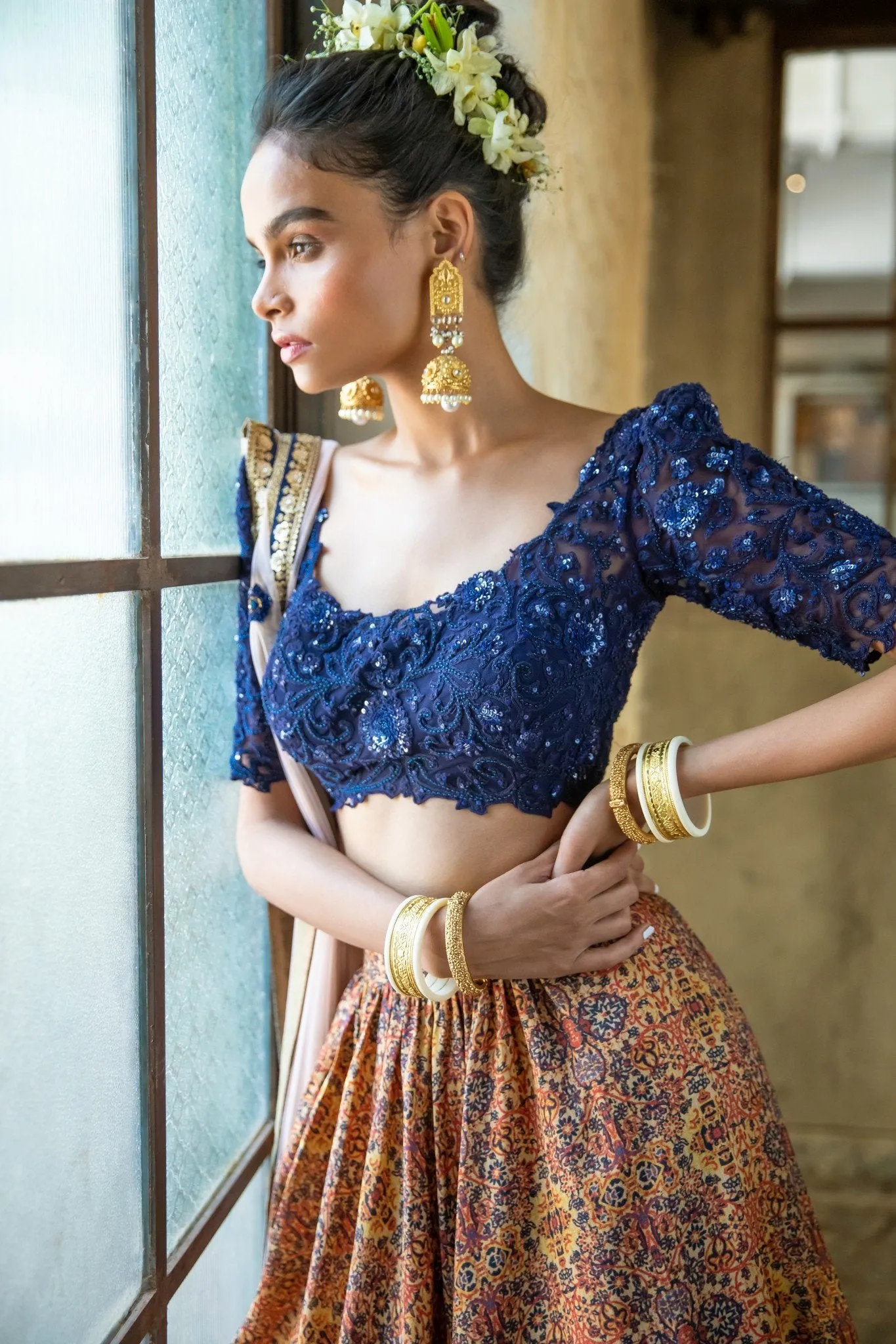Navy Blue Blouse & Orange Tribal Print Lehenga