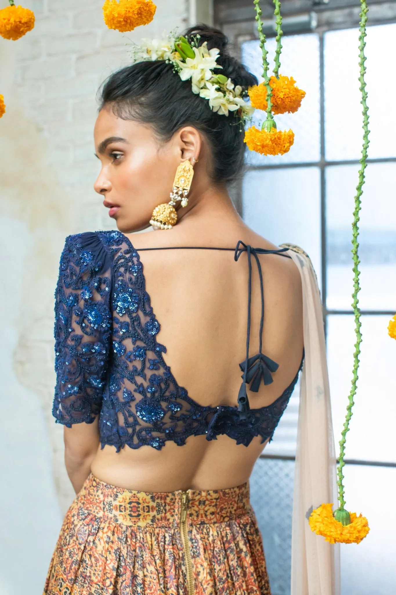 Navy Blue Blouse & Orange Tribal Print Lehenga