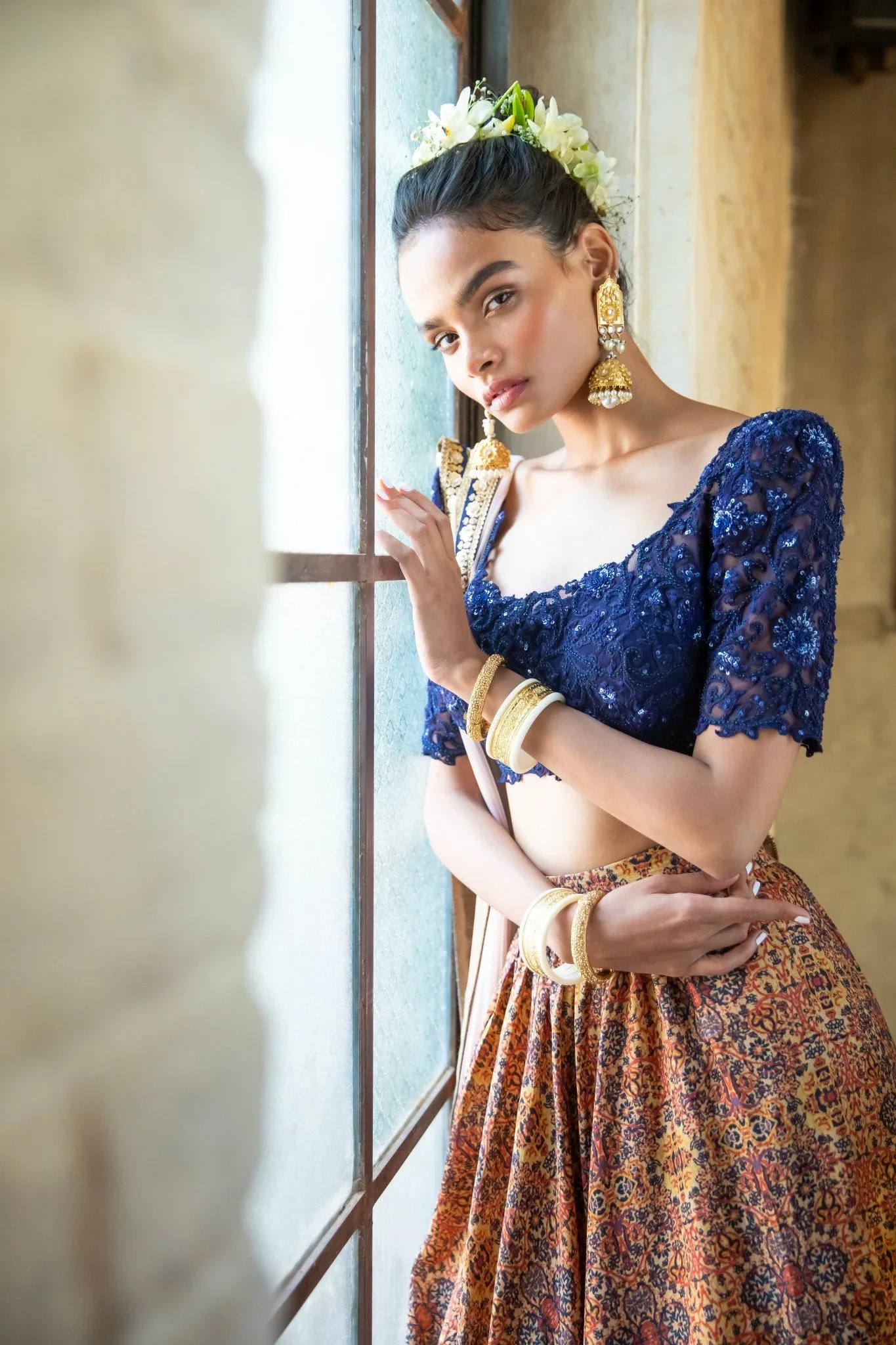 Navy Blue Blouse & Orange Tribal Print Lehenga