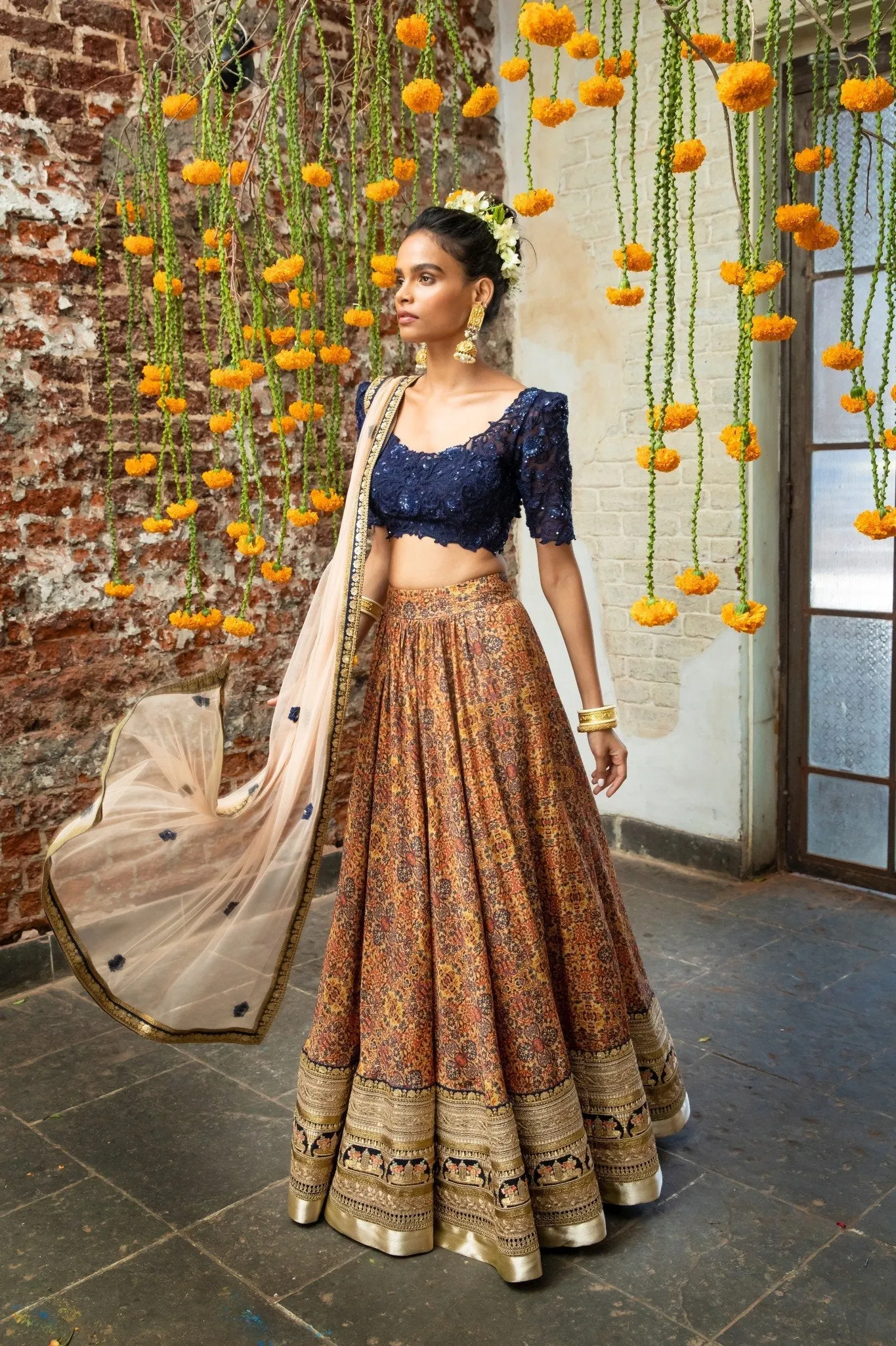 Navy Blue Blouse & Orange Tribal Print Lehenga