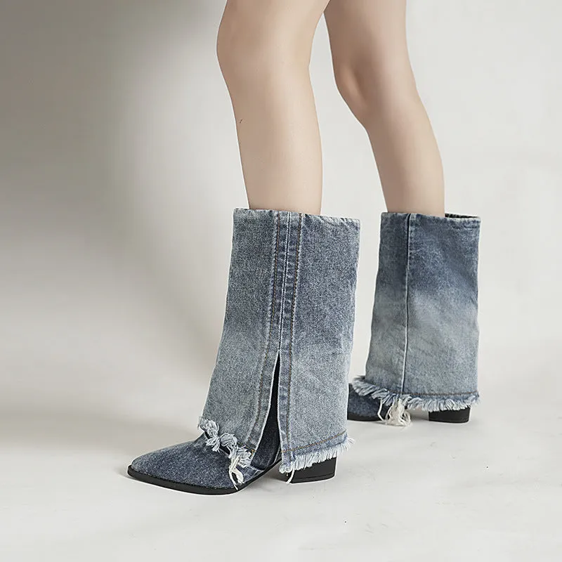 New Color Block Denim Pointed Chunky Heel High Heel Middle Boots Fashion Sexy HOTan and NEWn Cross-Border plus Size Women's Boots