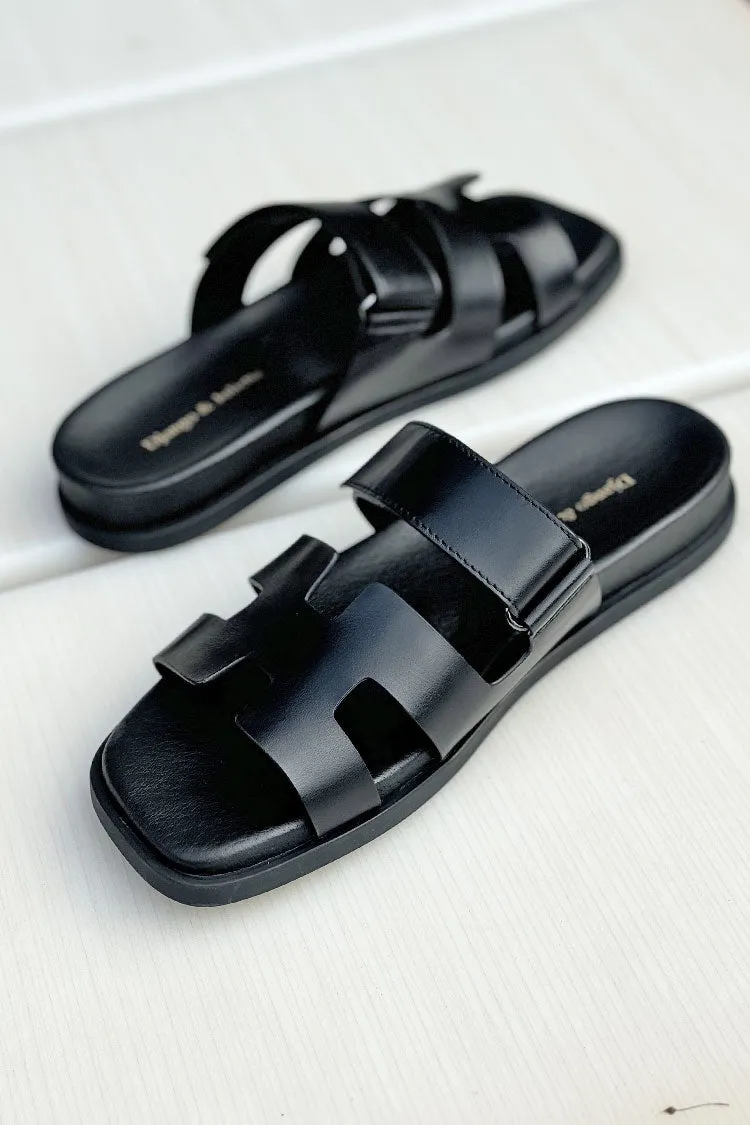 Nodette Black Leather Slides