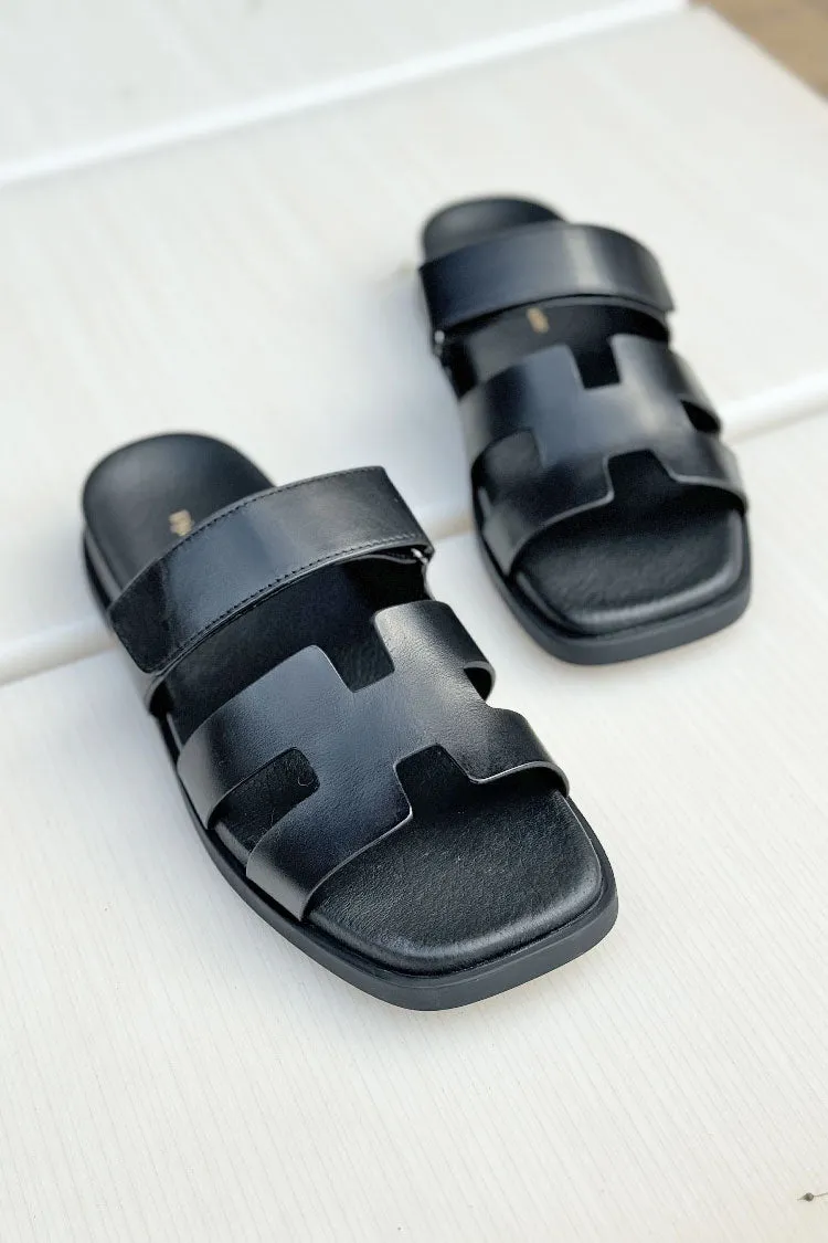 Nodette Black Leather Slides