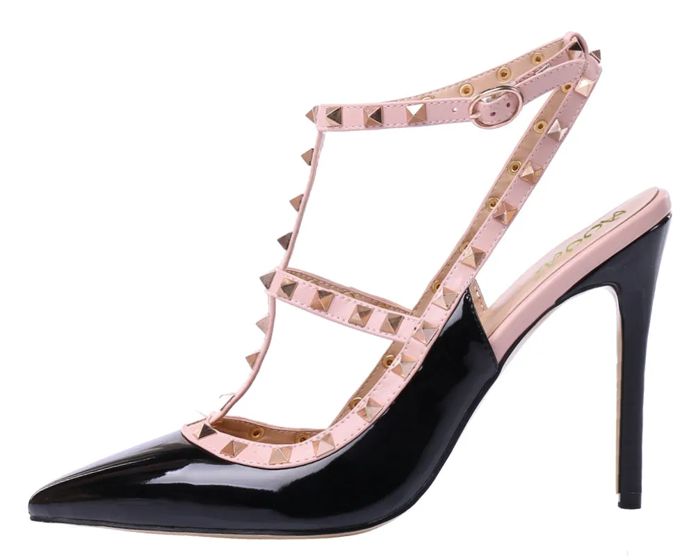 Pointed Toe 10cm Black Pink High Heels Glitter Studs Dress Party Pumps for Woman