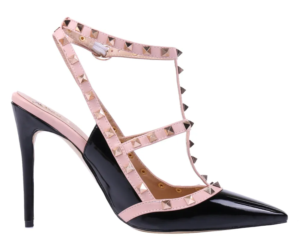 Pointed Toe 10cm Black Pink High Heels Glitter Studs Dress Party Pumps for Woman