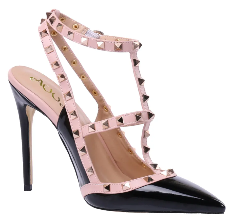 Pointed Toe 10cm Black Pink High Heels Glitter Studs Dress Party Pumps for Woman