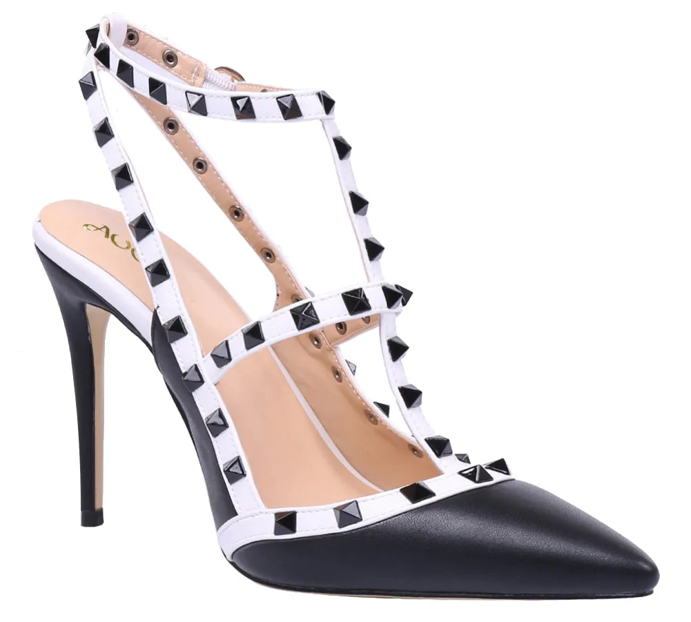Pointed Toe 10cm Black White High Heels Glitter Studs Dress Party Pumps for Woman