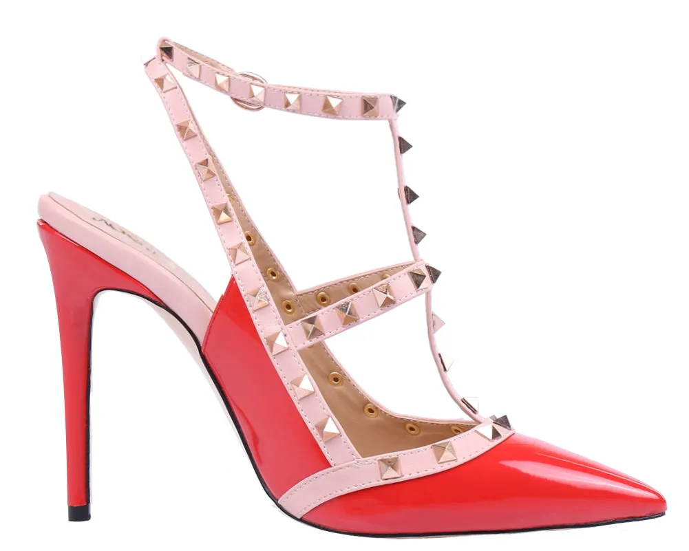 Pointed Toe 10cm Red High Heels Glitter Studs Dress Party Pumps for Woman