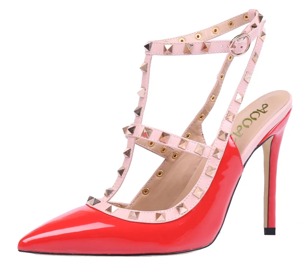 Pointed Toe 10cm Red High Heels Glitter Studs Dress Party Pumps for Woman