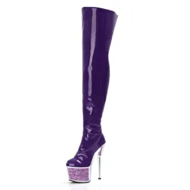 Purple Patent Leather High Heel Thigh Boots with Glitter Filled Platform