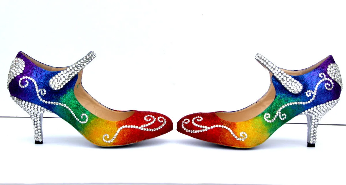 Rainbow Glitter Mary Jane Heels with Swarovski Crystal