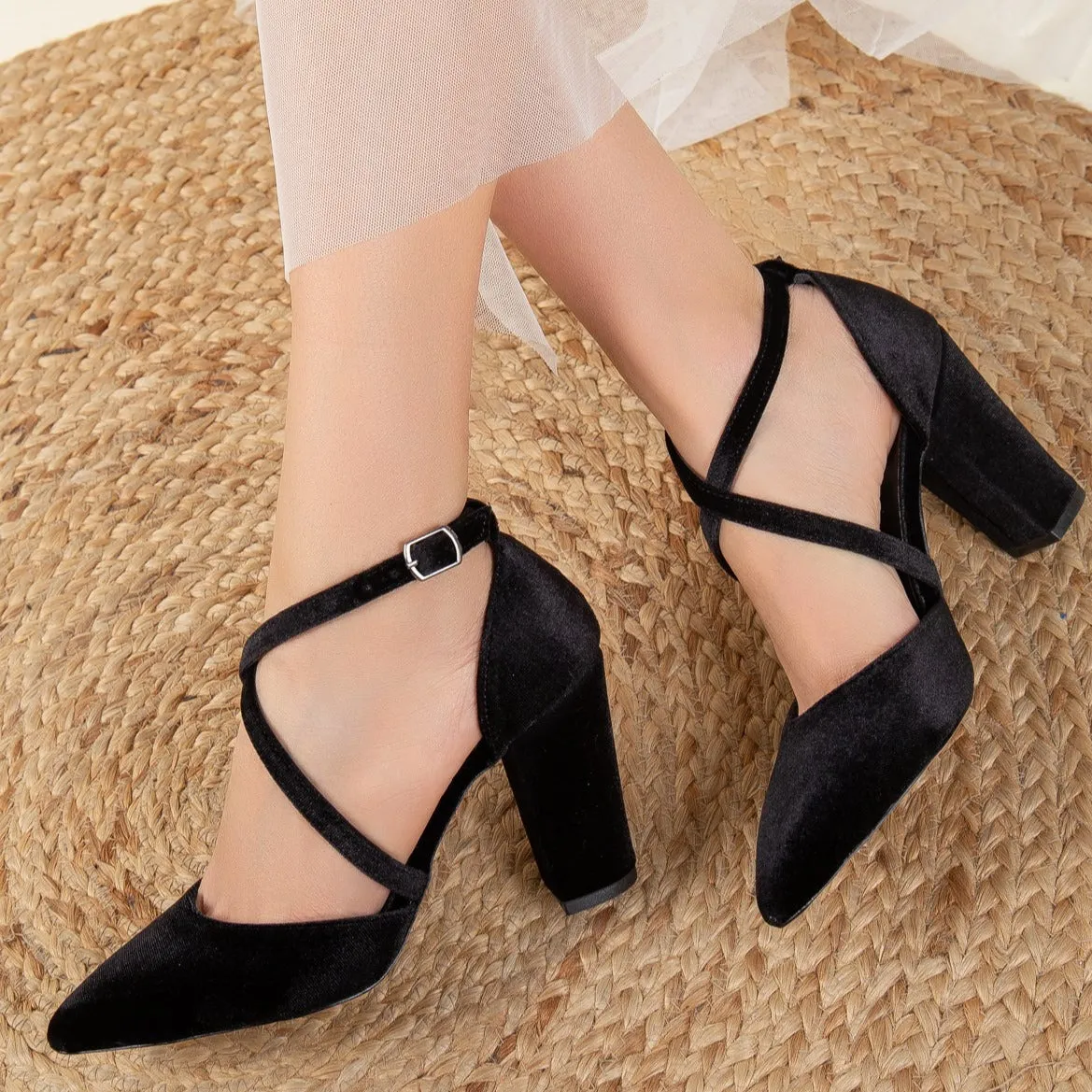 Sina - Black Velvet Criss Cross Heels