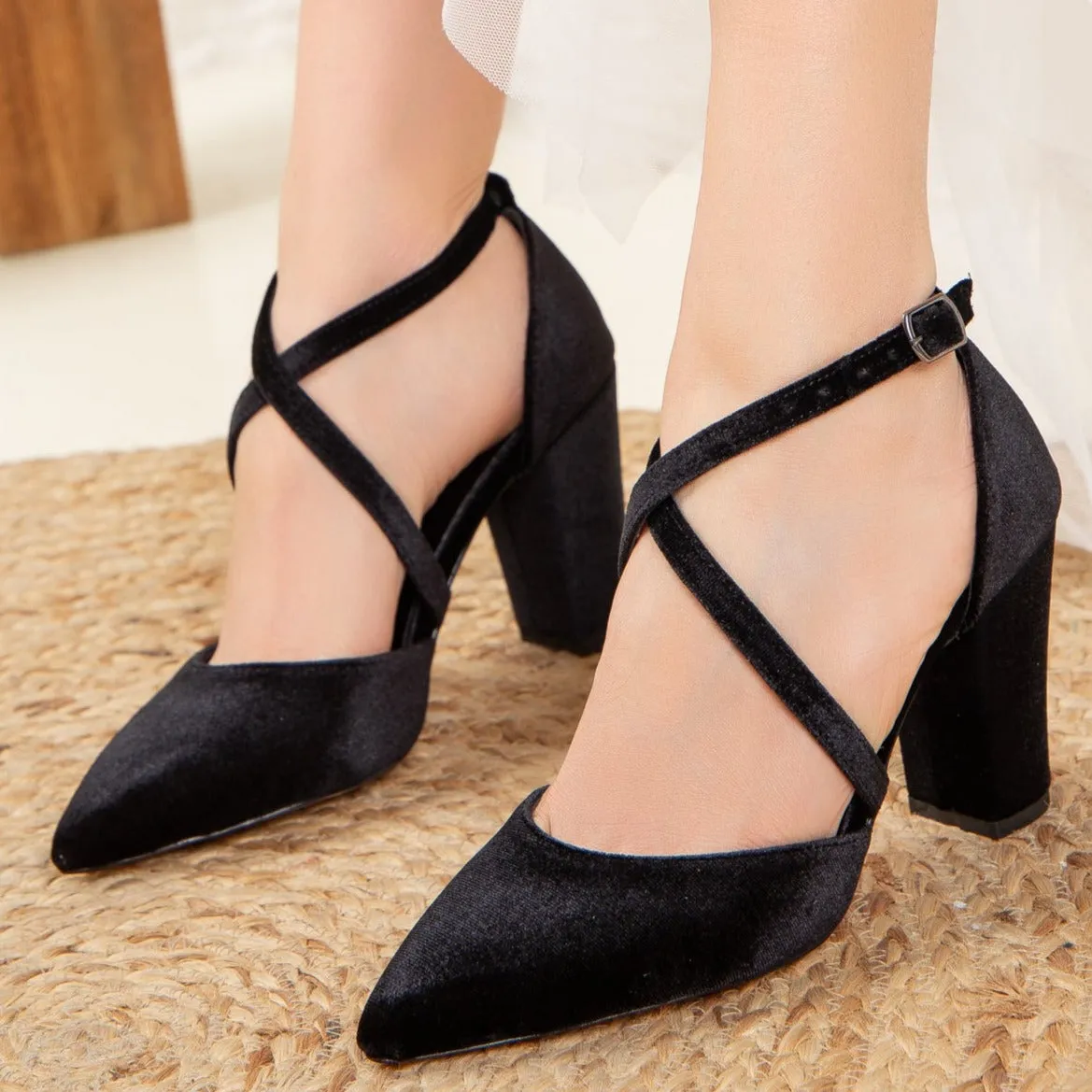 Sina - Black Velvet Criss Cross Heels