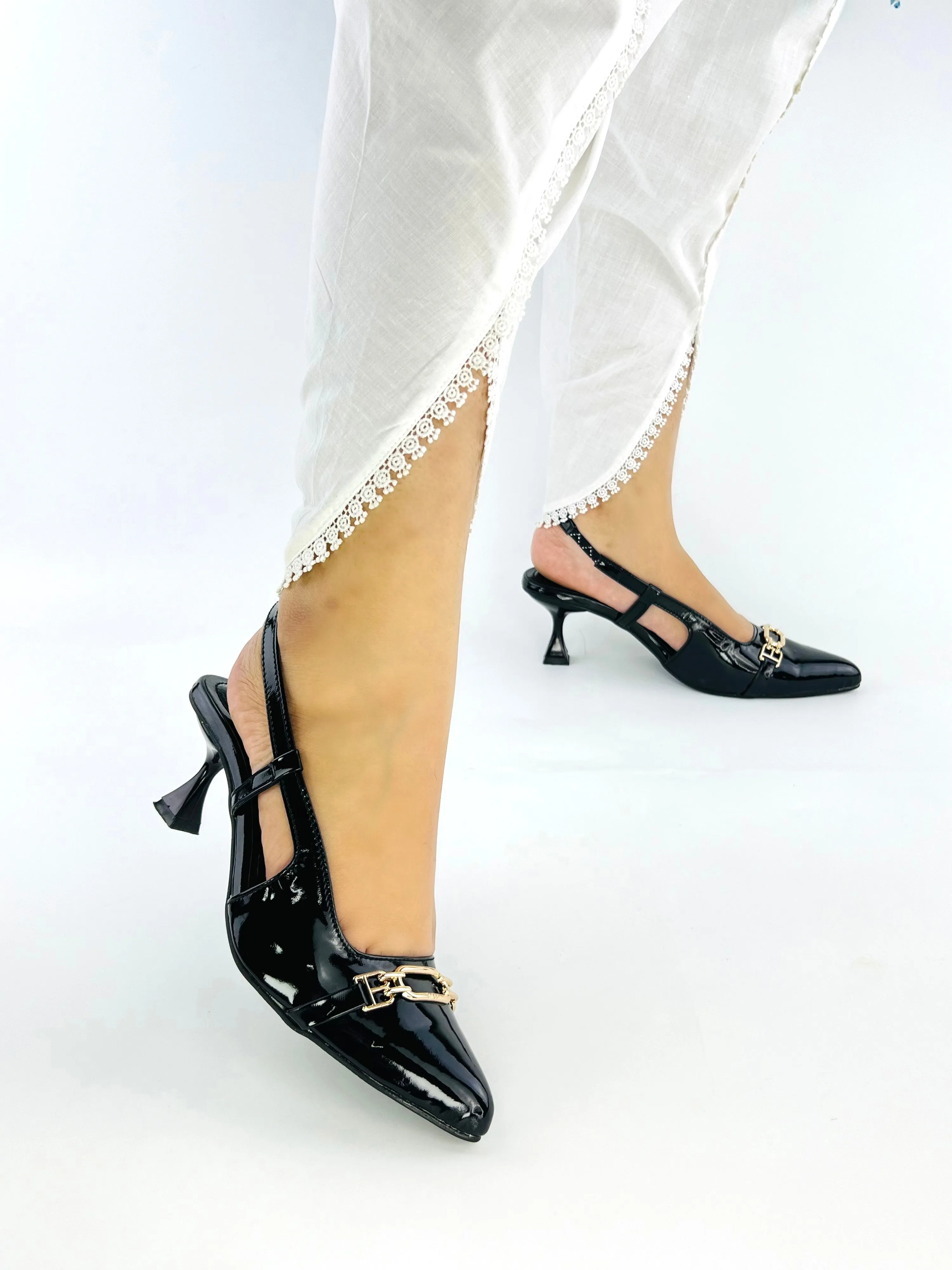 Spunkz Shiny Metallic Black Patent Leather Pointed Toe Slingback Heels