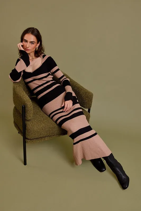 Striped Pencil Dress| Maxi | Black & Camel