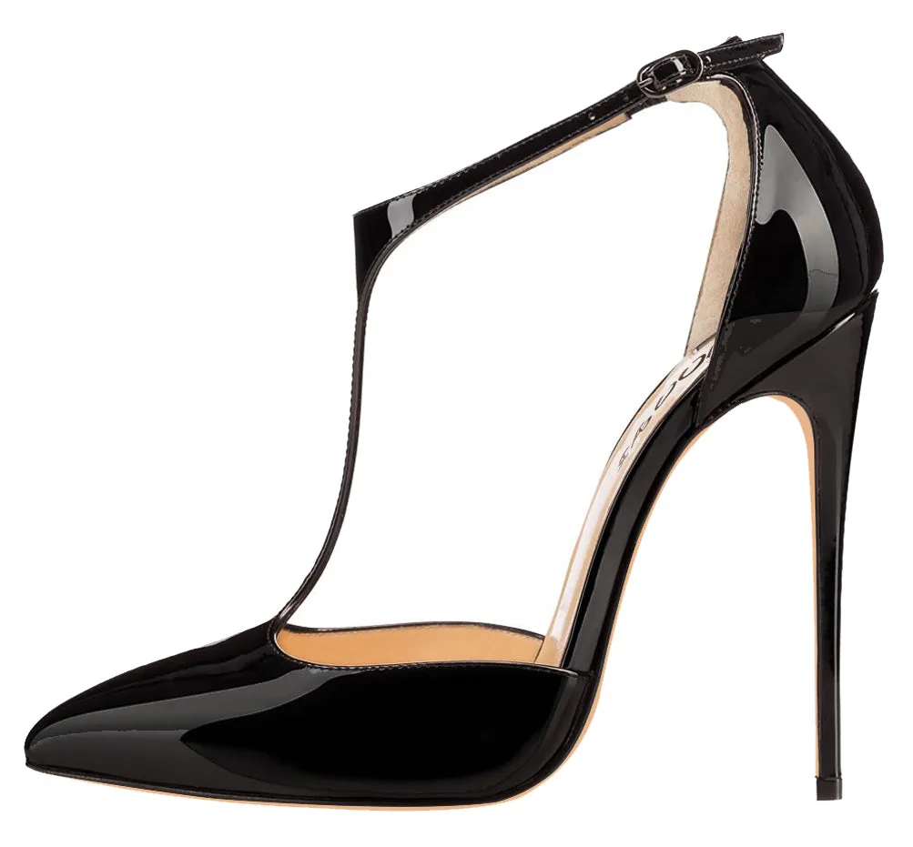 T-strap Women Sexy 12cm Pumps Ankle Buckle Black Patent Dress Party High Heels