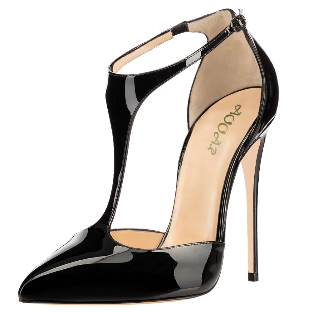 T-strap Women Sexy 12cm Pumps Ankle Buckle Black Patent Dress Party High Heels