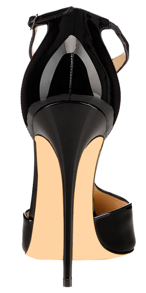T-strap Women Sexy 12cm Pumps Ankle Buckle Black Patent Dress Party High Heels