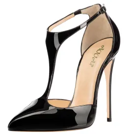 T-strap Women Sexy 12cm Pumps Ankle Buckle Black Patent Dress Party High Heels