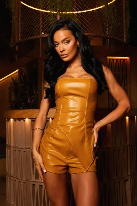 The Leather asymmetric bandeau set- Mustard