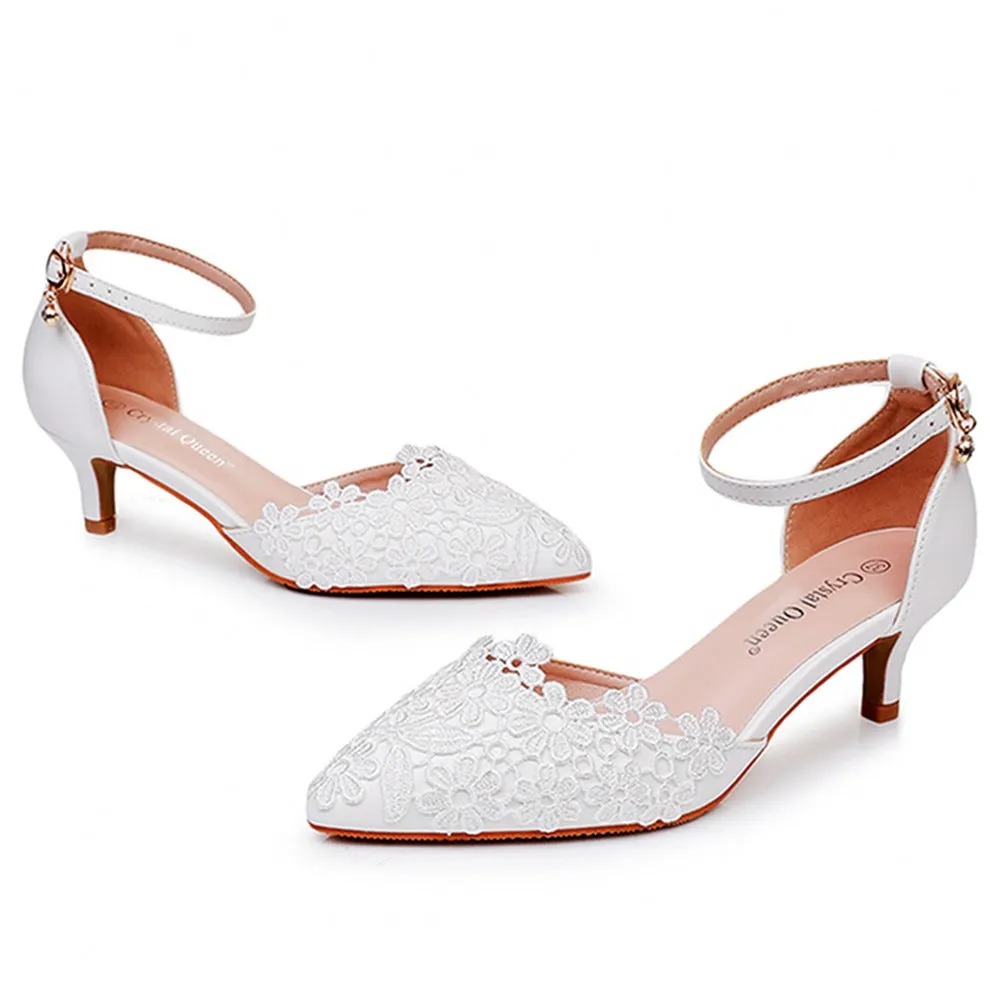 White Lace Embellished Stiletto Pointed Toe Sandals