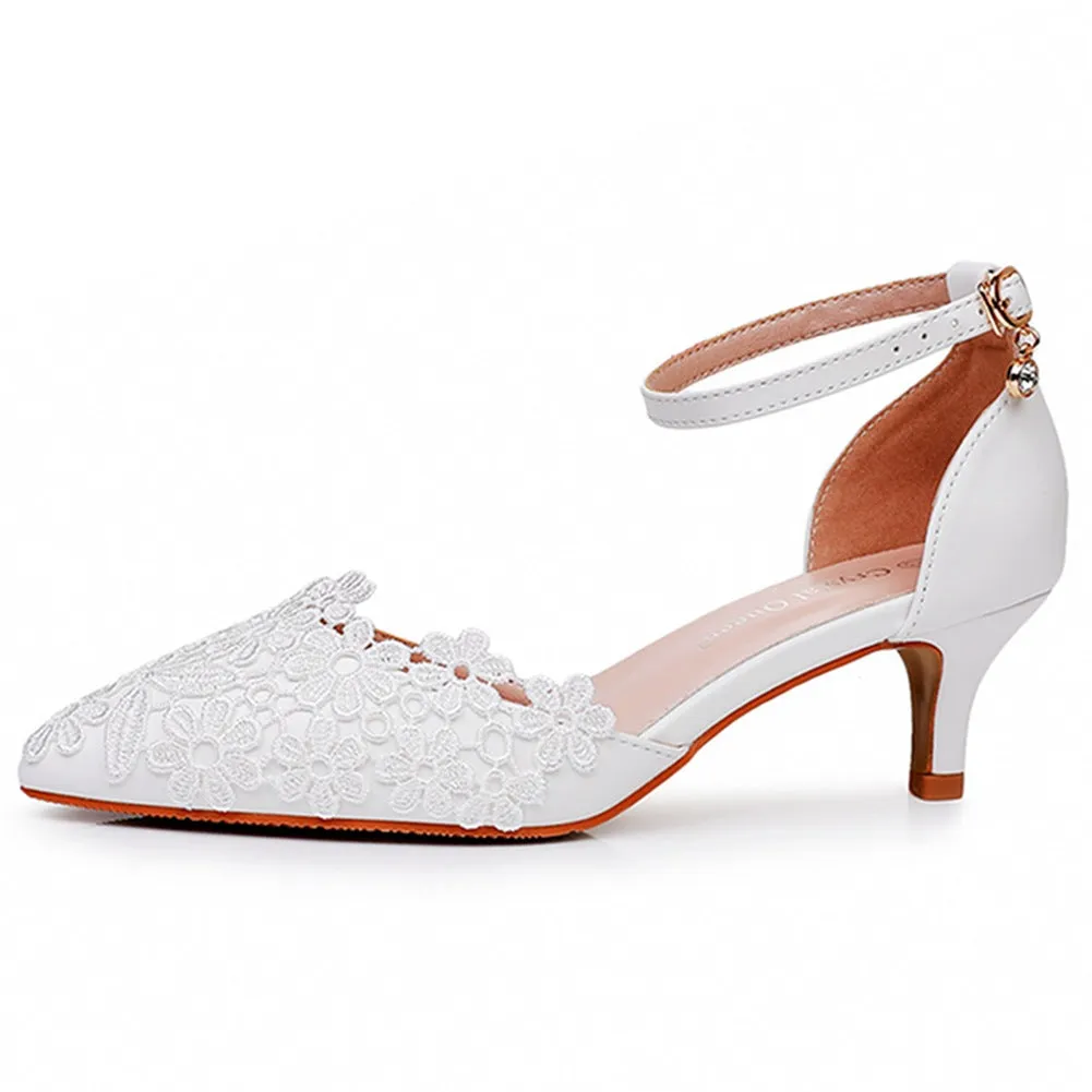White Lace Embellished Stiletto Pointed Toe Sandals