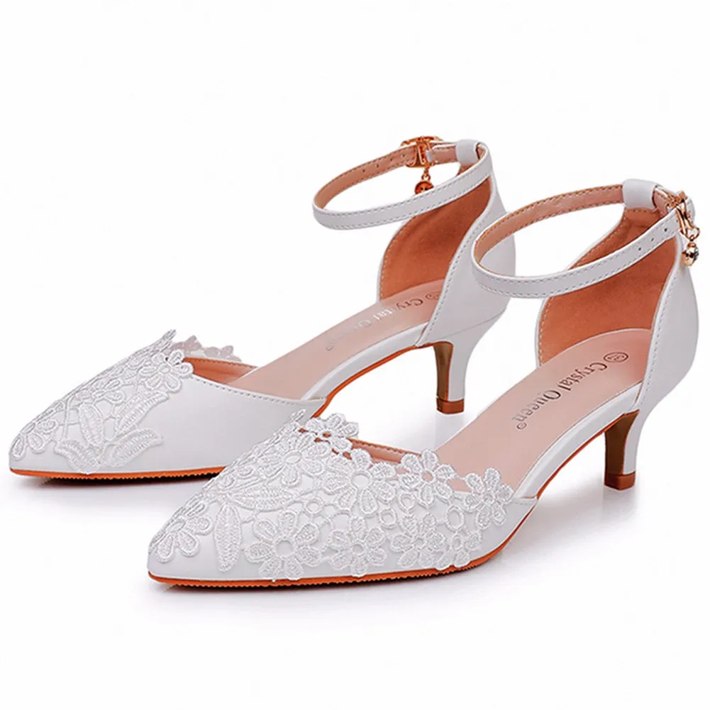 White Lace Embellished Stiletto Pointed Toe Sandals