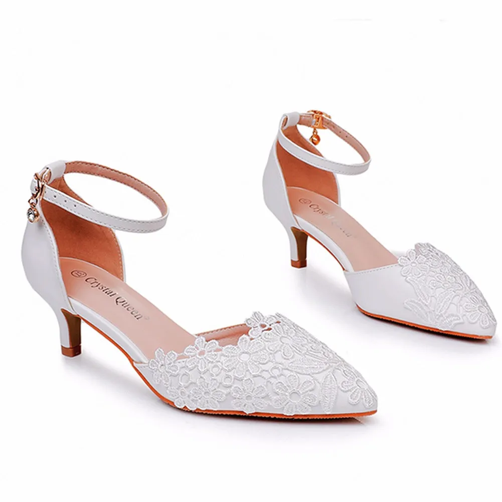 White Lace Embellished Stiletto Pointed Toe Sandals