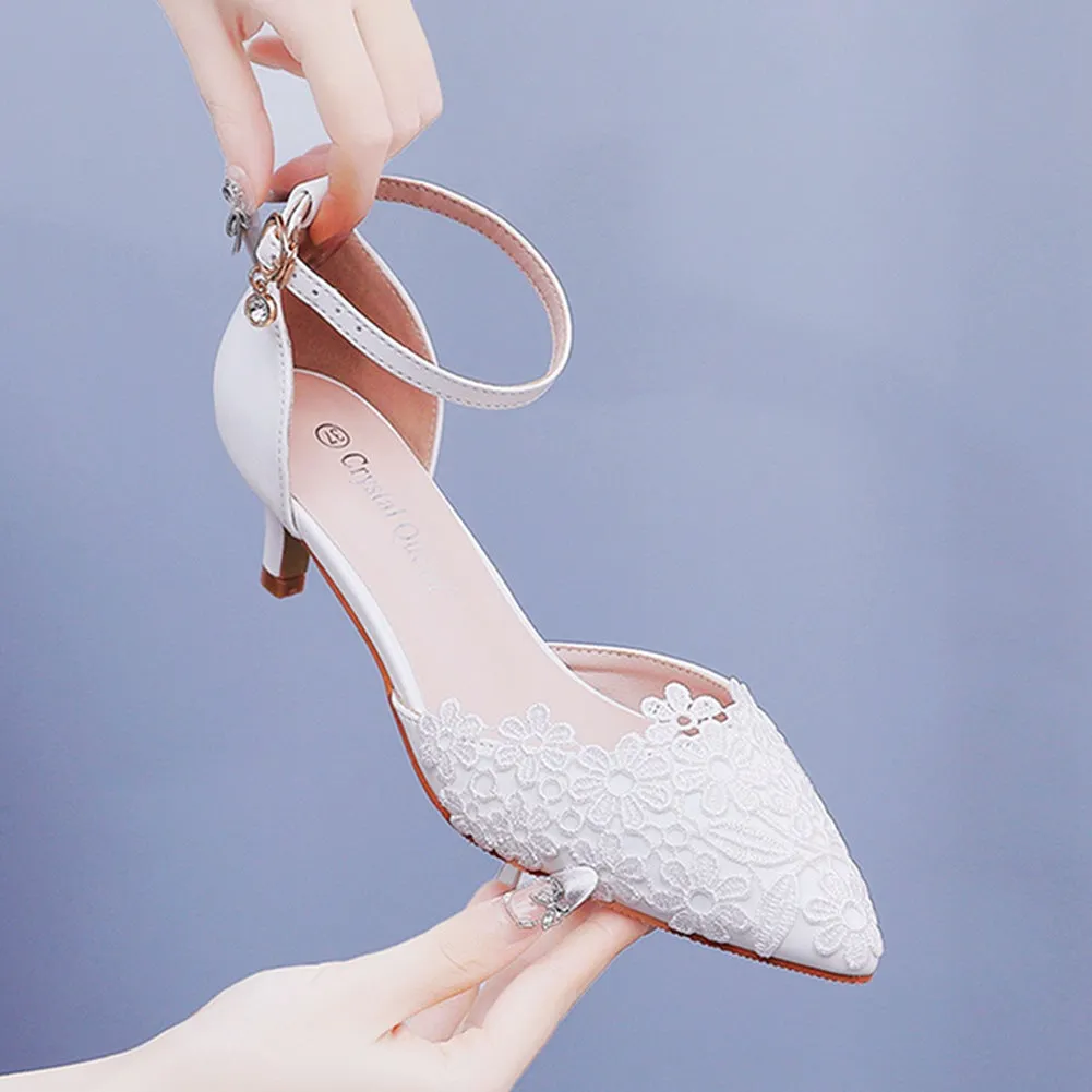 White Lace Embellished Stiletto Pointed Toe Sandals