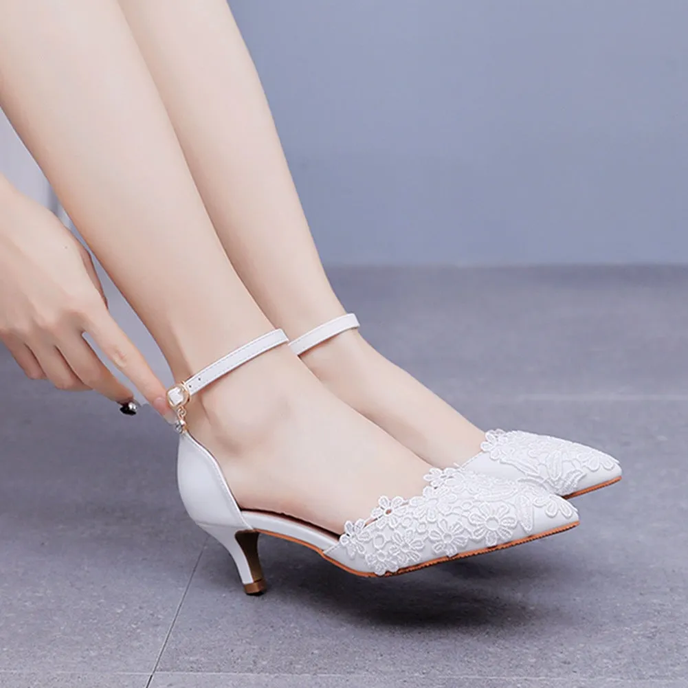 White Lace Embellished Stiletto Pointed Toe Sandals