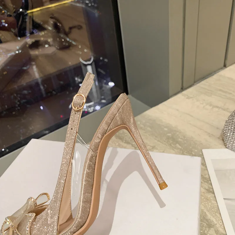 XIANGTUIBAO New Stiletto Heel Pointed Bridal Wedding Shoes Shiny Rhinestone Bow Closed Toe Back Empty Silicon Sealant High Heels Sandals