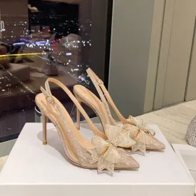 XIANGTUIBAO New Stiletto Heel Pointed Bridal Wedding Shoes Shiny Rhinestone Bow Closed Toe Back Empty Silicon Sealant High Heels Sandals